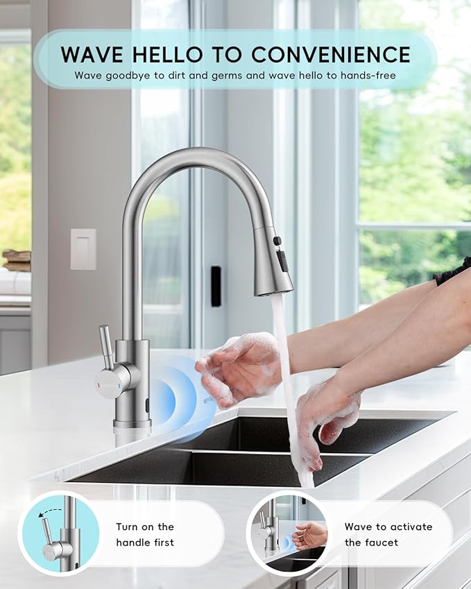 Touchless Kitchen Sink Faucet with Pull Down Sprayer, Motion Sensor Touch on Faucets for Kitchen Sink, 360° Swivel Spout, Brushed Nickel