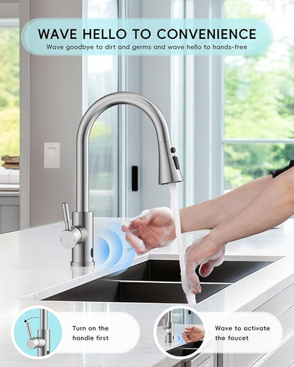 Touchless Kitchen Sink Faucet with Pull Down Sprayer, Motion Sensor Touch on Faucets for Kitchen Sink, 360° Swivel Spout, Brushed Nickel