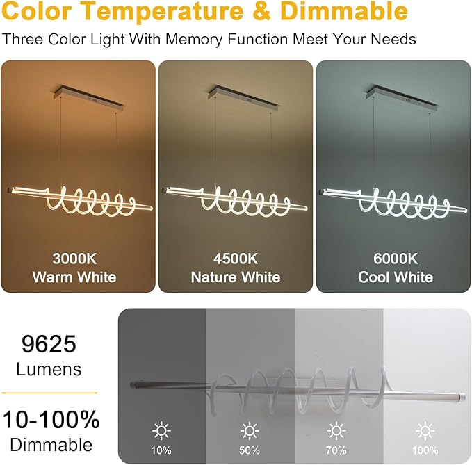 Kitchen Island Lighting, 3-Color LED Dining Room Light Fixture, 43.3" Adjustable Height Led Pendant Lighting for Kitchen Island, Black Chandeliers for Dining Room