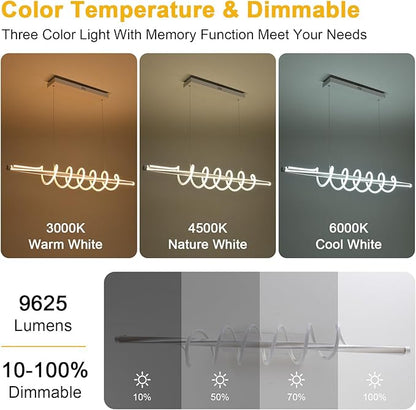 Kitchen Island Lighting, 3-Color LED Dining Room Light Fixture, 43.3" Adjustable Height Led Pendant Lighting for Kitchen Island, Black Chandeliers for Dining Room