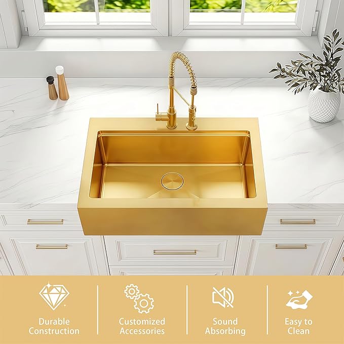 36 Inch Farmhouse Gold Sink, 16 Gauge 304 Stainless Steel Farm Sinks, Drop In Topmount Single Bowl Workstation Sink with all Accessories, 36" x 22" x 10" Large and Deep Kitchen Sink