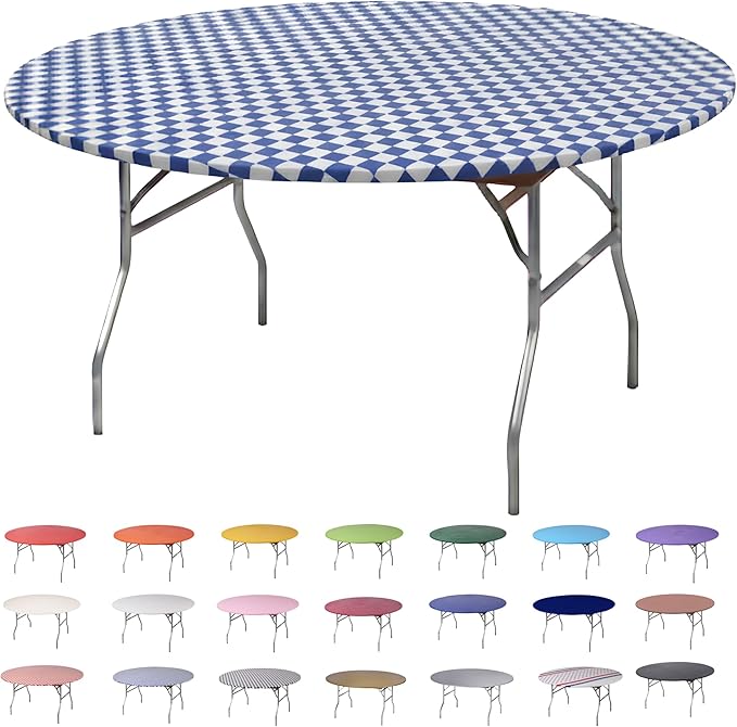 Kwik-Covers 10 Pack of Round Plastic Table Covers - 60" or 72" Round - Indoor or Outdoor Fitted Covers (Tables NOT Included) (Blue & White Check, 60" Round)