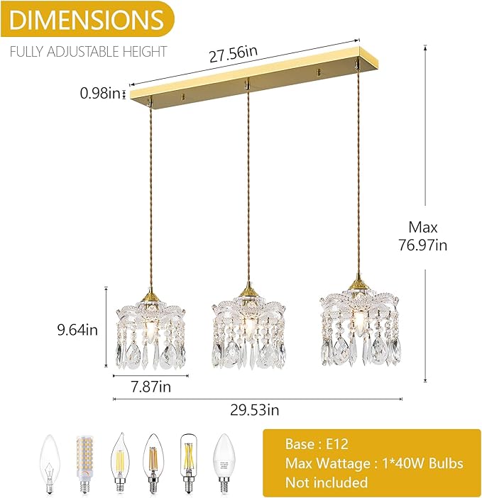 3-Light Brass Vintage Glass Pendant, Crystal Pendant Light, Adjustable Height Lighting for Kitchen Island, Dining Room, Farmhouse, Living Room(Long Chassis)