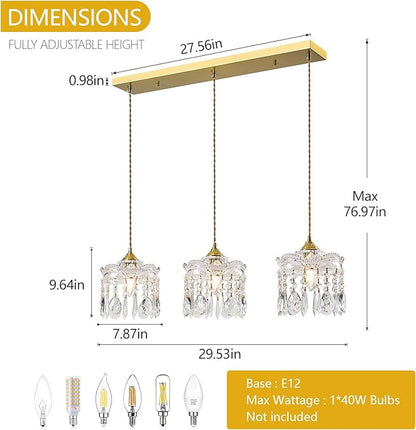 3-Light Brass Vintage Glass Pendant, Crystal Pendant Light, Adjustable Height Lighting for Kitchen Island, Dining Room, Farmhouse, Living Room(Long Chassis)