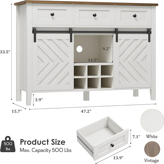 CABIHOME Farmhouse 47.2'' Buffet Cabinet with Sliding Barn Door, 33.4'' Tall Wood Rustic Sideboard with 3 Drawer, Adjustable Shelf and Removable Wine Rack for Dining Room, Kitchen, Living Room, White