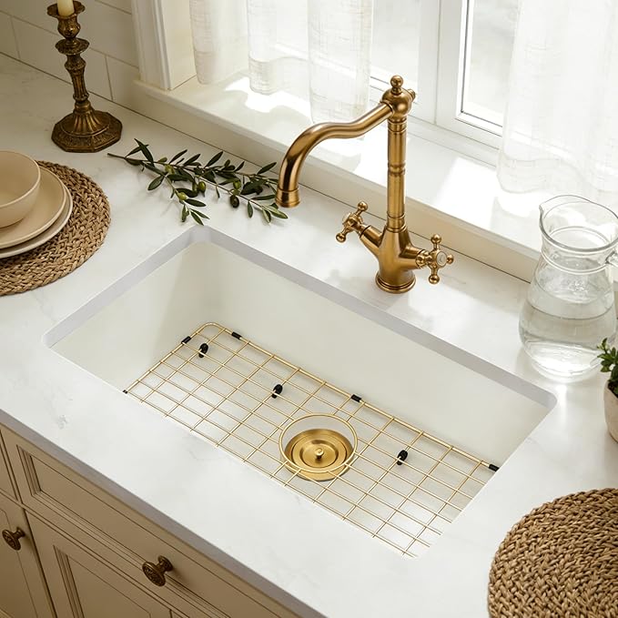 MILOSEN White Undermount Kitchen Sink, 28"x18" Granite Composite Single Bowl Kitchen Sinks, 9" Deep Large Undermount/Drop In Sink with Gold Accessories, White Quartz Kitchen Sinks for Modern Kitchen