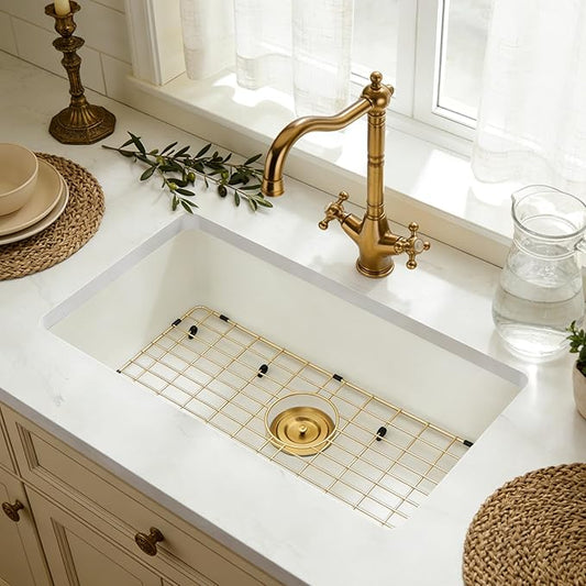 MILOSEN White Undermount Kitchen Sink, 28"x18" Granite Composite Single Bowl Kitchen Sinks, 9" Deep Large Undermount/Drop In Sink with Gold Accessories, White Quartz Kitchen Sinks for Modern Kitchen