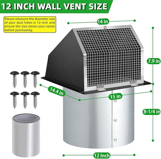 12 Inch Wall Vent Hood Exhaust Vent Cover Cap Outdoor Hooded Wall Vent with Screen and Damper for HVAC Duct Dryer Range Hood Industrial Facilities Ventilation and Air Exhaust,Galvanized Steel,Black