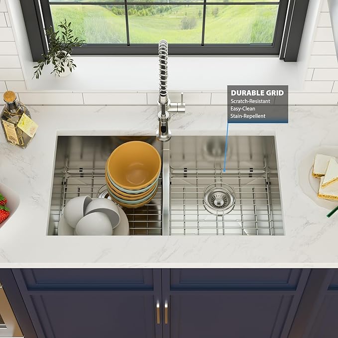 33 Inch Undermount Double Bowl Kitchen Sink 16 Gague 304 Stainless Steel Double Handmade Sinks 50/50 Large Deep Double Bowl Sinks 33"x19"x10"