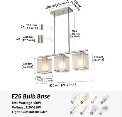 Kitchen Island Lighting, 3-Light Dining Room Light Fixture with Frosted Glass Shade Linear Chandelier Pendant Lighting Over Table for Dining Table Kitchen Island, Adjustable Height