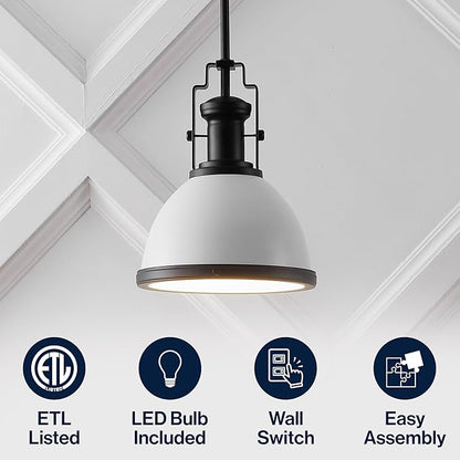 JONATHAN Y 10" Matte Black/White Modern Industrial Iron LED Dome Pendant Light, Adjustable Hanging Fixture for Kitchen Island or Entryway, Black Metal Shade, LED Bulb Included (JYL9535E)