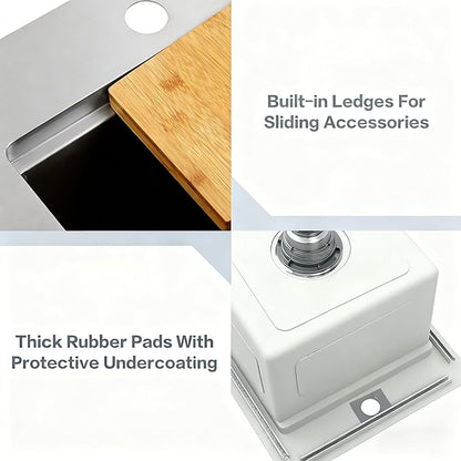 15 Inch Sink Undermount, 16 Gauge 304 Stainless Steel Workstaion Kitchen Sinks with Ledge & Accessories, 15" x 17" x10" Deep Bowl For Outdoor, RV,Prep Sink, and Wet Bar