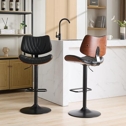 Modern Mid Century Adjustable Counter Height Leather Upholstered 360°Swivel Bar Chairs for Kitchen Island/Dining Room/Cafe, 2 Chair,for Living Room
