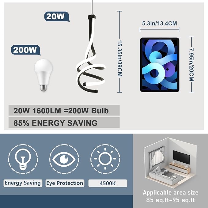 EIDISUNY Modern Pendant Light, Spiral LED Pendant Light Fixture, 4500K LED Hanging Lamp, Black Chandelier Lights Fixture, 20W Adjustable for Kitchen Island, Dining Room, Bedroom,1 Pack