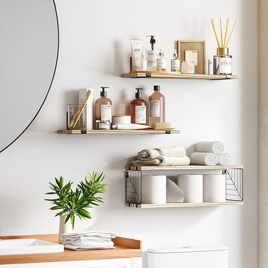 Fixwal Bathroom Floating Shelves Over Toilet, 15.8in Farmhouse Rustic Wood Shelves, Wall Decor for Bathroom, Living Room,Bedroom and Kitchen (3 Plus 1 Tier Rustic Brown)