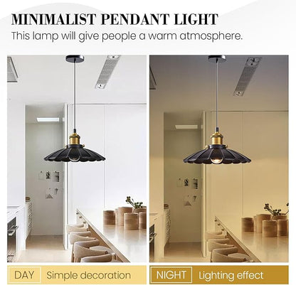 2Pack Black Pendant Light, 9.8 Inch Retro Hanging Lamp for Bedroom, Glossy Hanging Kitchen Lights Living Room 6.5Ft Height Adjustable Indoor Pleated Pendant Light