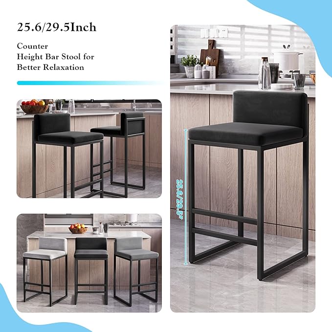 Velvet Stools with Low Back Mid-Century Upholstered Armless Chairs for Kitchen Island Home Pub Grey + Gold Sitting Height 65cm (Black + Black 29.5in)