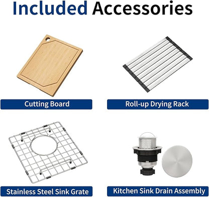 LQS 13 Inch Undermount Bar Sink, Stainless Steel RV Kitchen Sink, 10" Depth Small RV Kitchen Sink, 16 Gauage Stainless Steel Material, Workstation Ledge With Cutting Board and Abundant Accessories