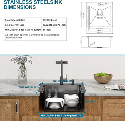 Outdoor Kitchen Sink Black Drop In 21x20 Inch Outdoor Rv Bar Prep Kitchen Sink Workstation 16 Gauge Stainless Steel Gunmetal Black Nano PVD Handmade Single Bowl Sinks with Pull out Faucet 21"x20"x9"
