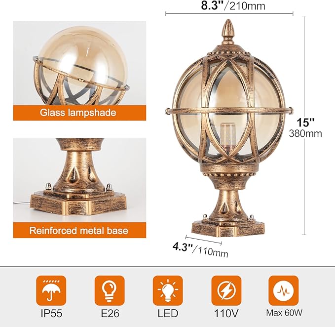 Outdoor Post Light Fixture, E26 Base 60W Max Column Lights with Bronze Aluminum Housing Plus Amber Glass IP55 Waterproof Exterior Pillar Lantern for Driveway Yard Lawn Patio Garden