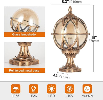 Outdoor Post Light Fixture, E26 Base 60W Max Column Lights with Bronze Aluminum Housing Plus Amber Glass IP55 Waterproof Exterior Pillar Lantern for Driveway Yard Lawn Patio Garden