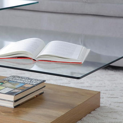 Glass Coffee Table with Storage, 44 Inch Rectangular Coffee Tables for Living Room, 3-Tier Tempered Glass Wooden Center Table Modern Accent Cocktail Table for Home Office (Wood)
