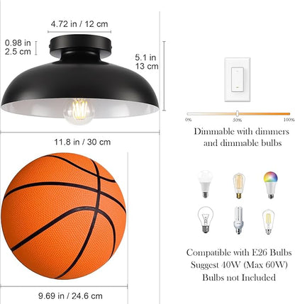 Black Semi Flush Mount Ceiling Lights, Industrial Ceiling Light 12 Inch Close to Ceiling Light Fixtures for Bedroom Entryway Kitchen Hallway Porch Foyer Bathroom Laundry Barn