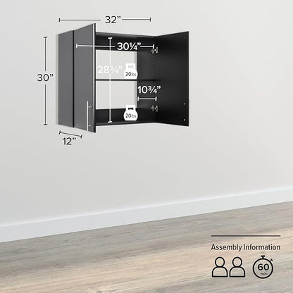 Prepac Elite 32" Wall Cabinet, Black Storage Cabinet with 1 Adjustable Shelf for Kitchen, Bathroom, 12" D x 32" W x 30" H, BEW-3230