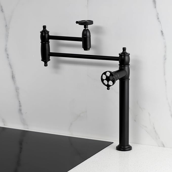 Kingston Brass KS3700RKZ Wendell Two-Handle 1-Hole Deck Mount Pot Filler Faucet with Knurled Handle in Matte Black