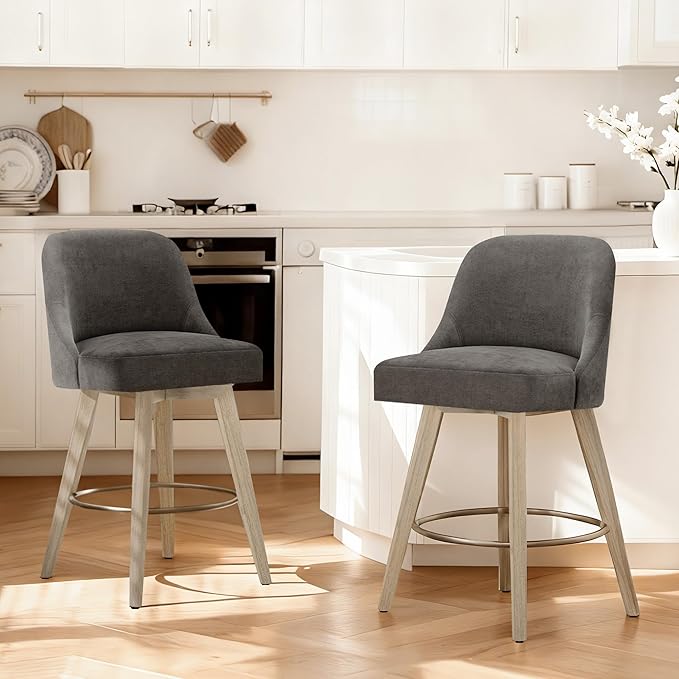 Counter Height Bar Stools Set of 4, Modern Swivel Barstools with Back and Wood Legs, Fabric Upholstered Bar Chairs, 26" Seat Height Counter Stools for Kitchen Island,Grey