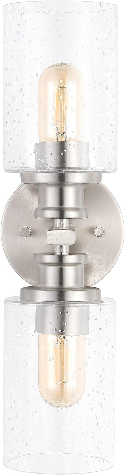 JONATHAN Y 16.5" Nickel 2-Light LED Wall Sconce, Modern Farmhouse Vanity Light with Seeded Glass Shade, Industrial Iron Fixture for Bathroom Mirror, LED Bulbs Included (JYL7577C)