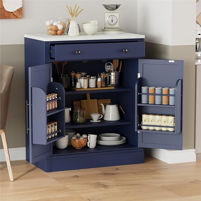 Modern Freestanding Kitchen Pantry Buffet Food Storage and Coffee Station Cabinet with Drawer 2 Adjustable Shelves and 2 Door Shelves Practical(Blue)
