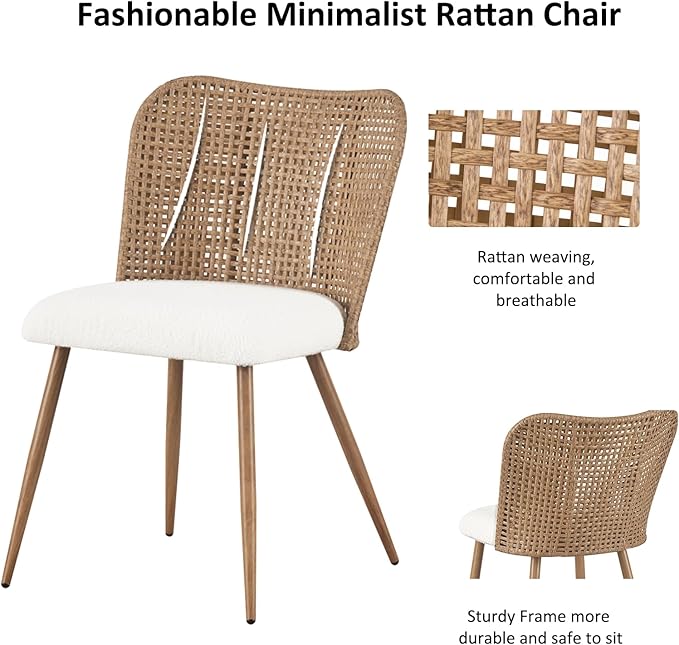 Rattan Dining Chairs, Modern Kitchen Chairs with Cane Woven Backrest Seat, Armless PE Wicker Accent Chairs for Dining Room with Metal Legs,Lamb White