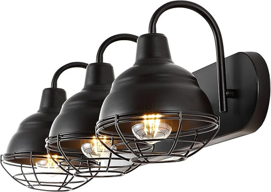 JONATHAN Y 24.5" Oil Rubbed Bronze 3-Light Industrial Farmhouse Vanity Light for Bathroom Mirror, Rustic Metal Wall Sconce Fixture, Iron Caged Shade, LED Bulbs Included JYL1120A