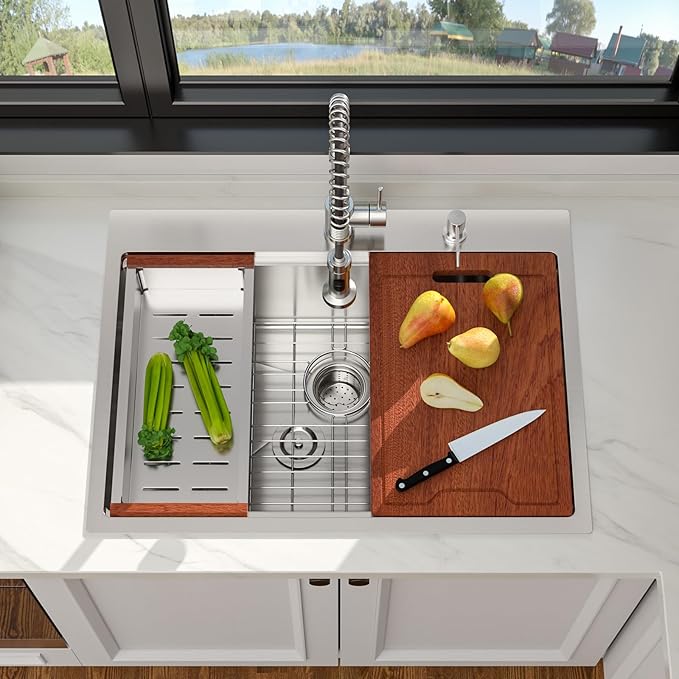 30 Inch Drop In Kitchen Sink, 16 Gauge 304 Stainless Steel 30x22 Drop In Ledge Workstation Sink, Topmount Single Bowl Basin Handmade Sink Above Counter, 30''x22''x10''