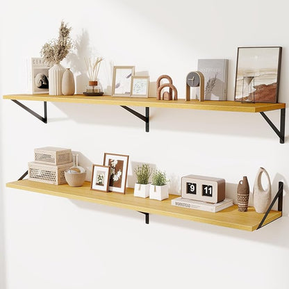 Acovy Deep Floating Shelves,55" Wx10 D Wood Wall Shelves Set of 2,Long Wood Floating Shelf with Metal Brackets,Floating Bookshelf for Living Room,Kitchen,Office,Bedroom,Decor Storage,Oak