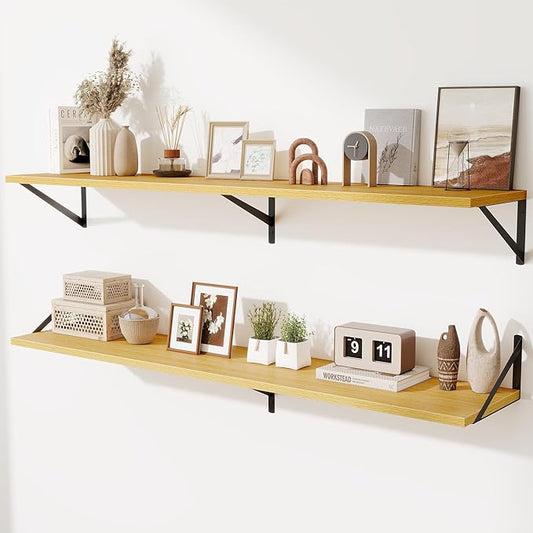 Acovy Deep Floating Shelves,55" Wx10 D Wood Wall Shelves Set of 2,Long Wood Floating Shelf with Metal Brackets,Floating Bookshelf for Living Room,Kitchen,Office,Bedroom,Decor Storage,Oak
