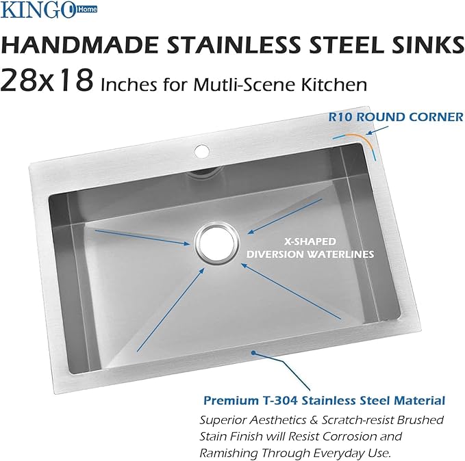 KINGO HOME 28 Inch Drop in Kitchen Sink, 304 Stainless Steel Single Bowl Basin, Top Mount 16 Gauge 28x18 Inch Brushed Nickel Dishwasher Sinks for Workstation, RV, Laundry, Commercial and Bar Sink