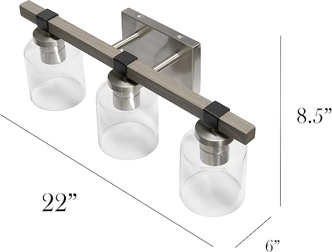 Elegant Designs VT1020-GRY 22" Country Farmhouse Gray and Brushed Nickel Decorative 3 Light Wall Mounted Metal Vanity Fixture with Clear Glass Shades for Bathroom, Entryway, Hallway