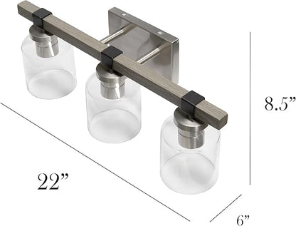 Elegant Designs VT1020-GRY 22" Country Farmhouse Gray and Brushed Nickel Decorative 3 Light Wall Mounted Metal Vanity Fixture with Clear Glass Shades for Bathroom, Entryway, Hallway