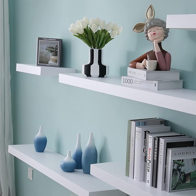 WELLAND 16 inch White Mission Floating Shelves for Wall, Bathroom Wall Mount Shelves, Wood Modern Display Shelves, Book Shelves,for Bedroom,Living Room and Kitchen
