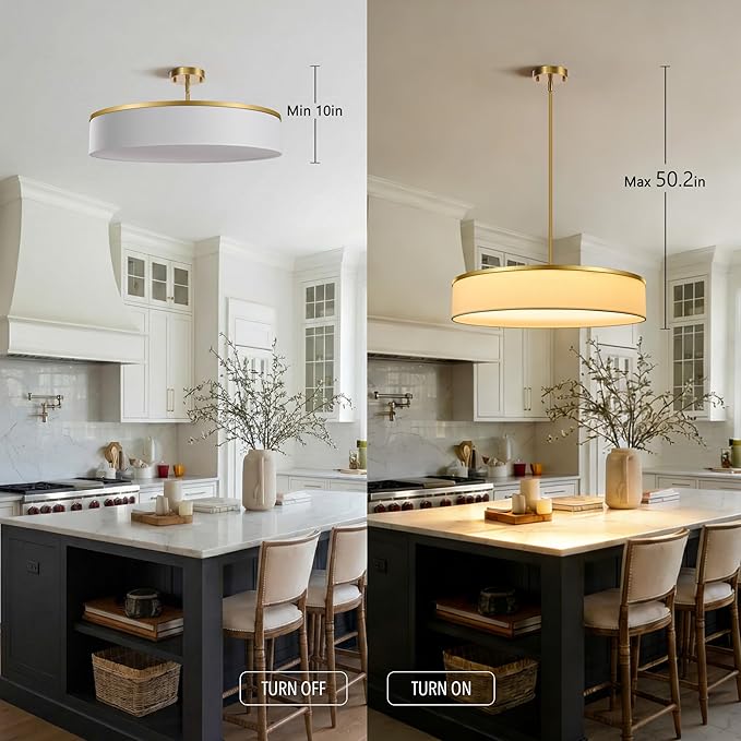 23.6 Inch Integrated LED Drum Chandeliers, 2800K Modern Fabric Pendant Light Fixture, White Linen and Gold Finish, Large Semi Flush Mount Lighting for Dining Room Bedroom Kitchen Entryway