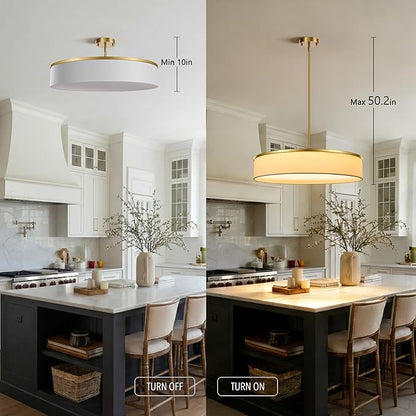 23.6 Inch Integrated LED Drum Chandeliers, 2800K Modern Fabric Pendant Light Fixture, White Linen and Gold Finish, Large Semi Flush Mount Lighting for Dining Room Bedroom Kitchen Entryway