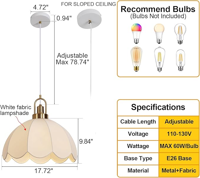 17.72" Modern Boho Pendant Light Vintage Farmhouse White Fabric Pendant Light Fixtures Modern Hand Woven Pendant Lights for Kitchen Island, Dining Room, Bedroom, Hallway, Entryway, Bar
