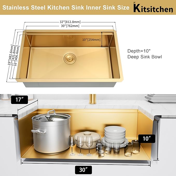 Kitsitchen Gold Kitchen Sink, 32 Inch Gold Undermount Kitchen Sink, 16 Gauge Stainless Steel Undermount Kitchen Sink,10 Inch Deep Single Bowl Kitchen Sinks with Practical Accessories, R10 Round Corner