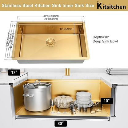 Kitsitchen Gold Kitchen Sink, 32 Inch Gold Undermount Kitchen Sink, 16 Gauge Stainless Steel Undermount Kitchen Sink,10 Inch Deep Single Bowl Kitchen Sinks with Practical Accessories, R10 Round Corner
