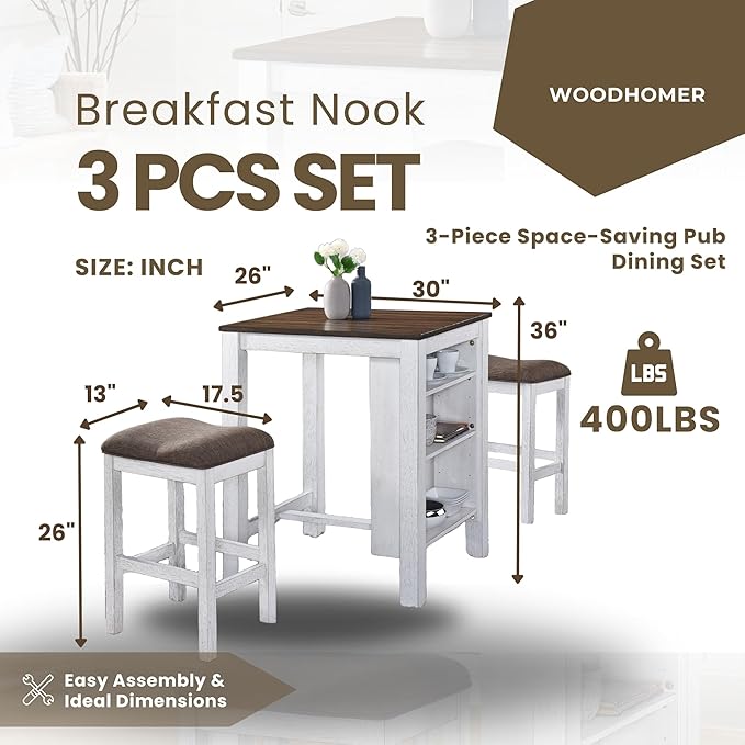 3-Piece Wooden Dining Table Set, Kitchen Island with Seating for 2, Kitchen Bar Table with Stools, Counter Height Dining Table Set, Antique Dark Oak & White, Farmhouse Style