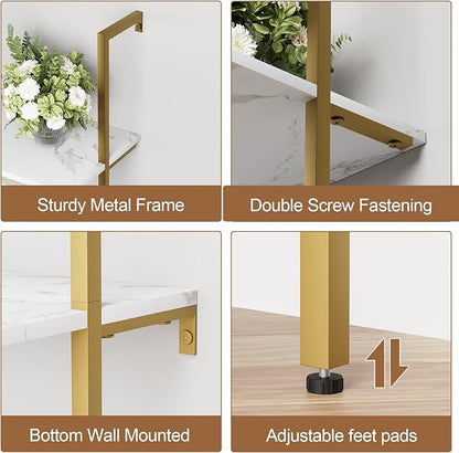 aboxoo Ladder Shelf White Marble Bookshelf 5-Tier Wall-Mounted Wood Rack Industrial Modern Plant Flower Stand Utility Organizer Open Bookcase Metal Frame Furniture Office Kitchen Bedroom