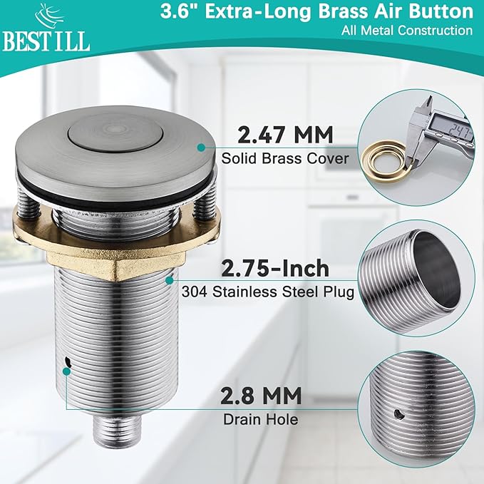 BESTILL Garbage Disposal Button - All Metal Brushed Nickel Air Switch for Garbage Disposals, Sink Top Push Button for Waste Disposer, Solid Brass Long Air On/Off Button Kit, UL Listed