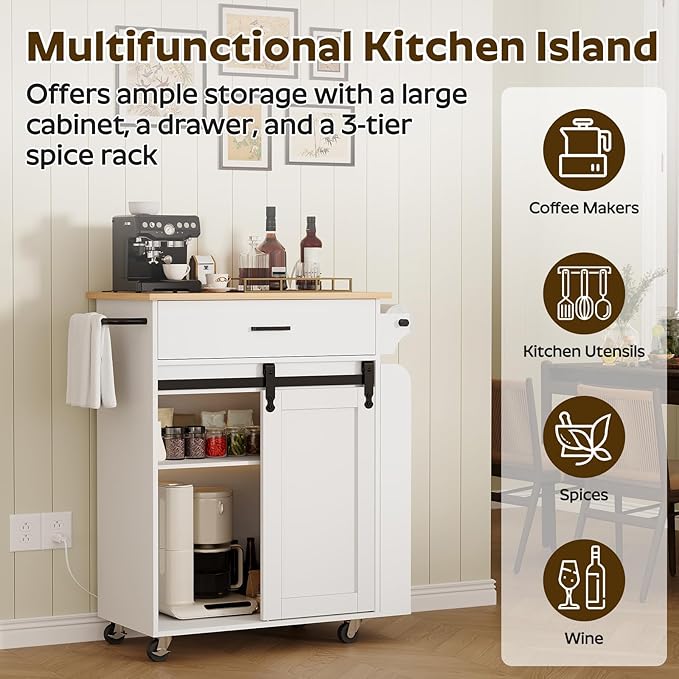 YATINEY Kitchen Island with Storage, Mobile Kitchen Cart with Charging Station, Kitchen Island on Wheels, Rolling Island Table with Sliding Cabinet Door, White and Natural ZD01UWN